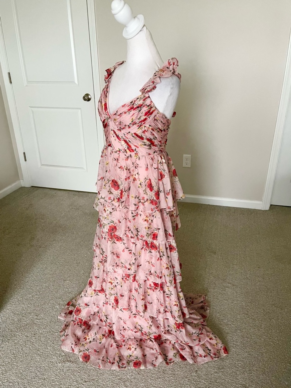 Like New Ieena for MacDuggal Pink Floral Sleeveless Tiered Tank Dress Size 8 - Picture 5 of 16